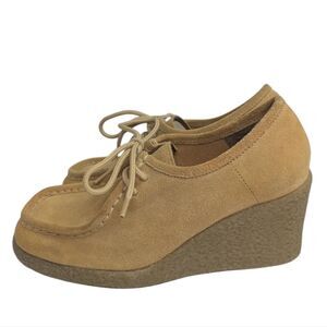 Vintage Y2K Candies Camel Tan Suede Lace Up Moccasin Gum Wedge Shoes Womens 7.5